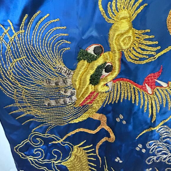 Antique 20s-30s Asian Royal Blue Silk Satin Embroidered Golden Dragon Robe - Picture 8 of 15